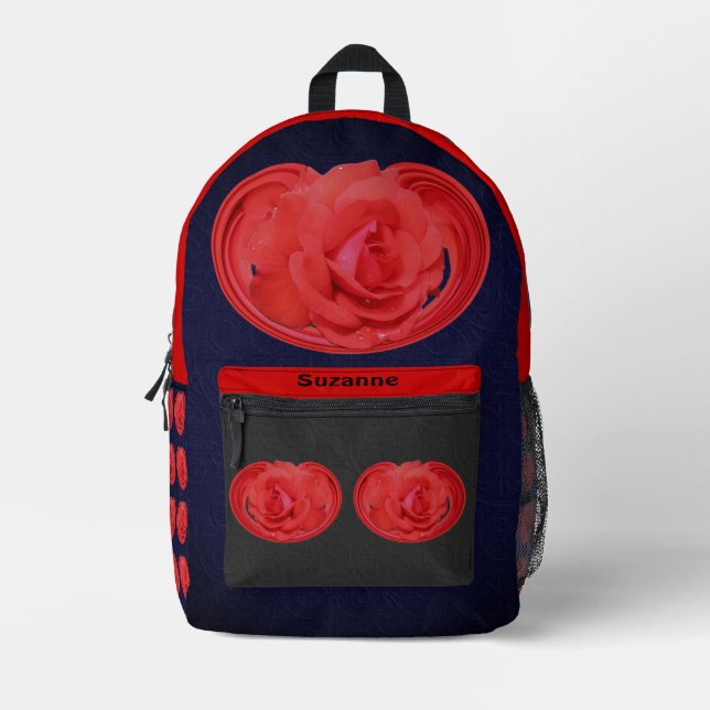 Red Rose Raindrops Floral Abstract Personalized  Printed Backpack (Front)