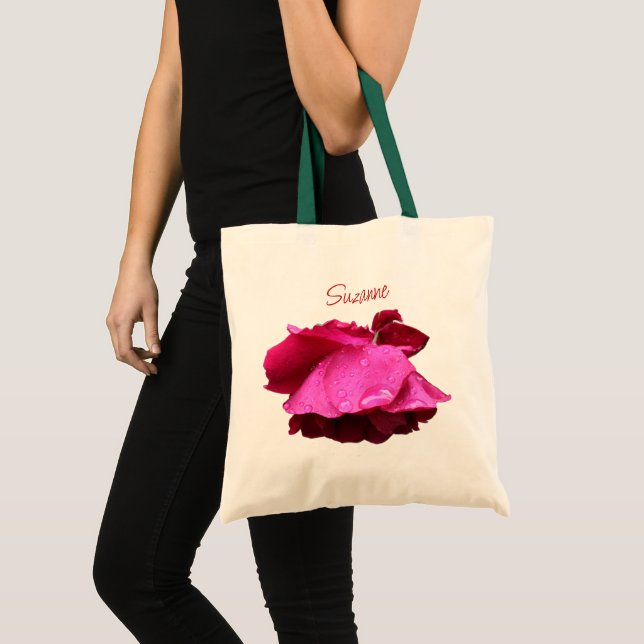 Red Rose Raindrops Floral Personalized Tote Bag (Front (Product))
