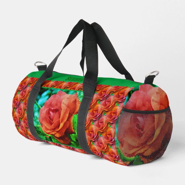 Red Rose Raindrops Flower Abstract Personalized  Duffle Bag (Right Corner)