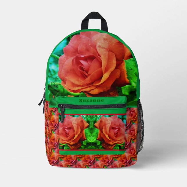 Red Rose Raindrops Flower Abstract Personalized  Printed Backpack (Front)