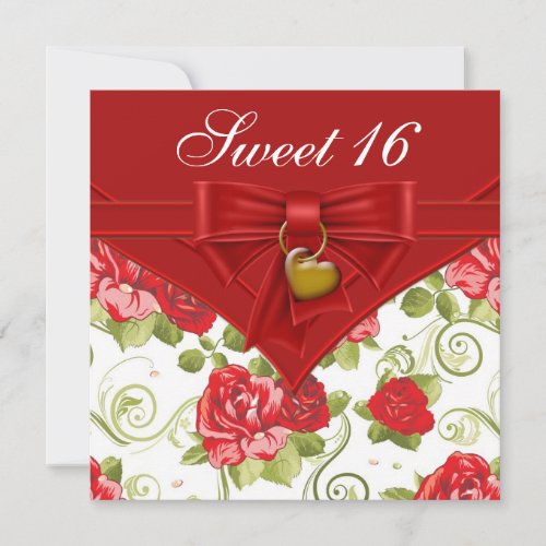 Red Rose Red Gold Sweet Sixteen Birthday Party Invitation