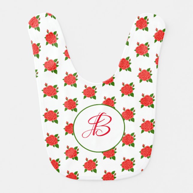 Red Rose Reversible Monogram Baby Bib  (Front)