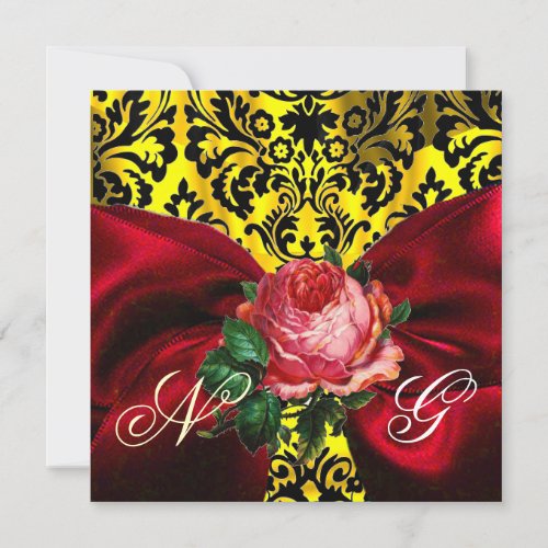 RED ROSE RIBBON GOLD YELLOW BLACK DAMASK MONOGRAM INVITATION