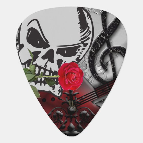 Red Rose Rock Skull  Guitar Pick