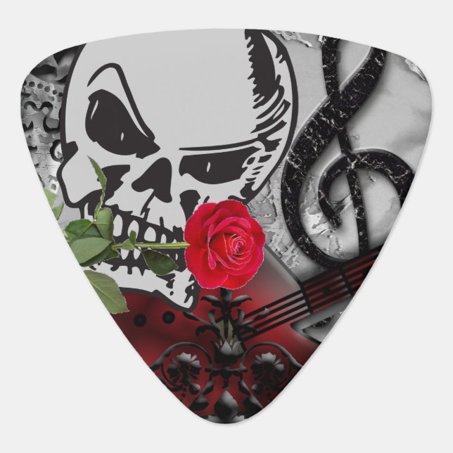 Red Rose Rock Skull Head Guitar Pick (Front)