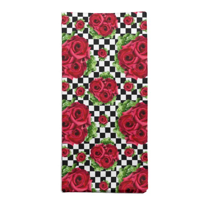 Red Rose Rockabilly Check Cloth Napkin (Folded)