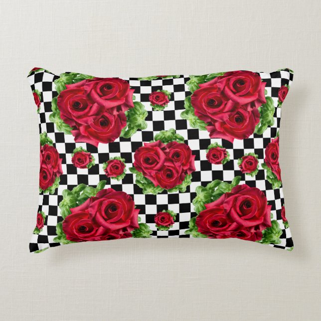 Red Rose Rockabilly Check Decorative Pillow (Front)