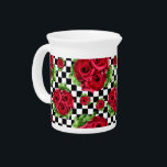Red Rose Rockabilly Check Drink Pitcher<br><div class="desc">Red Roses Bouquet Floral Love Rockabilly and Checkered</div>
