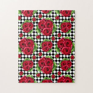 Red Rose Rockabilly Check Jigsaw Puzzle