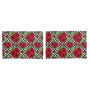 Red Rose Rockabilly Check Pillow Case