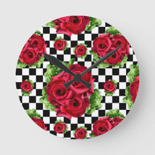 Red Rose Rockabilly Check Round Clock