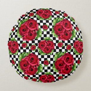 Red Rose Rockabilly Check Round Pillow
