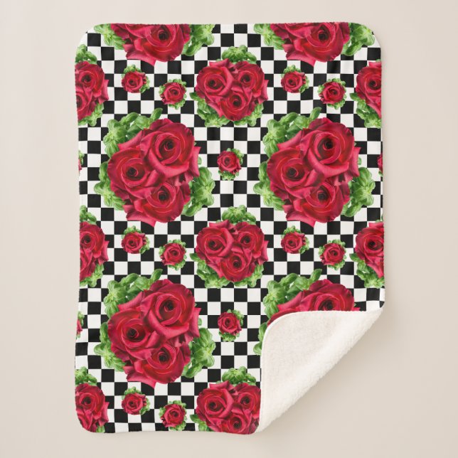 Red Rose Rockabilly Check Sherpa Blanket (Front)