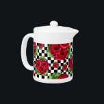 Red Rose Rockabilly Check Teapot<br><div class="desc">Red Roses Bouquet Floral Love Rockabilly and Checkered</div>