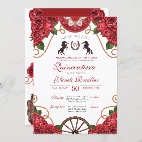 Red Rose Rodeo Western Charro Quinceanera Invitation