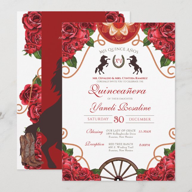 Red Rose Rodeo Western Charro Quinceanera Invitation (Front/Back)