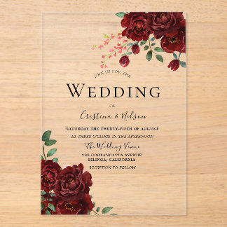 Red Rose Romantic Floral Wedding Acrylic Invitations