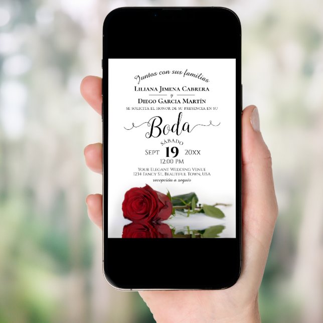 Red Rose Romantic Spanish Language Boda Wedding Invitation (Front Digital)