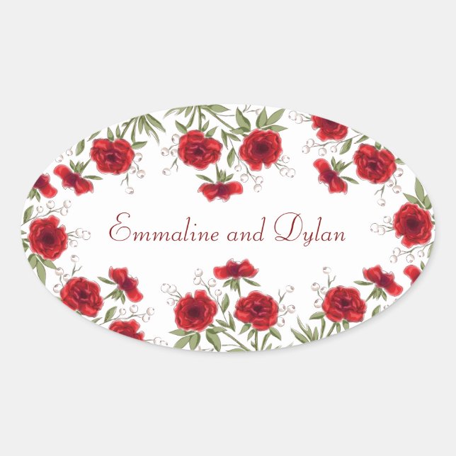Red Rose Romantic Wedding Oval Sticker (Front)