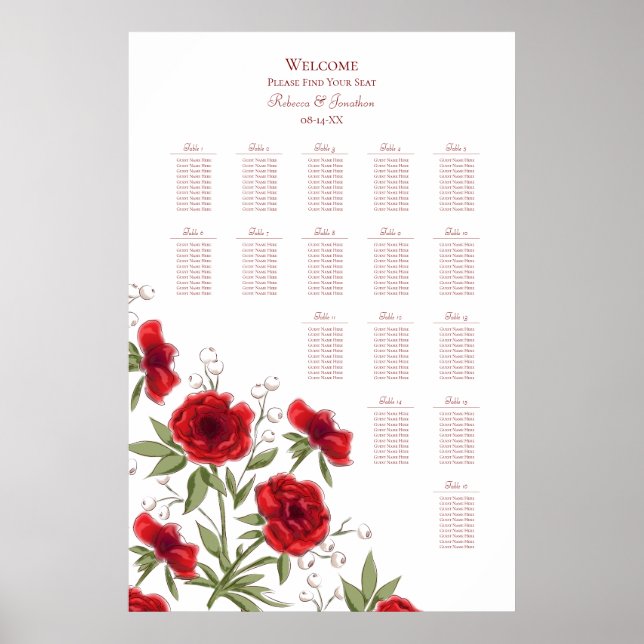 Red Rose Romantic Wedding Seating Chart (Front)