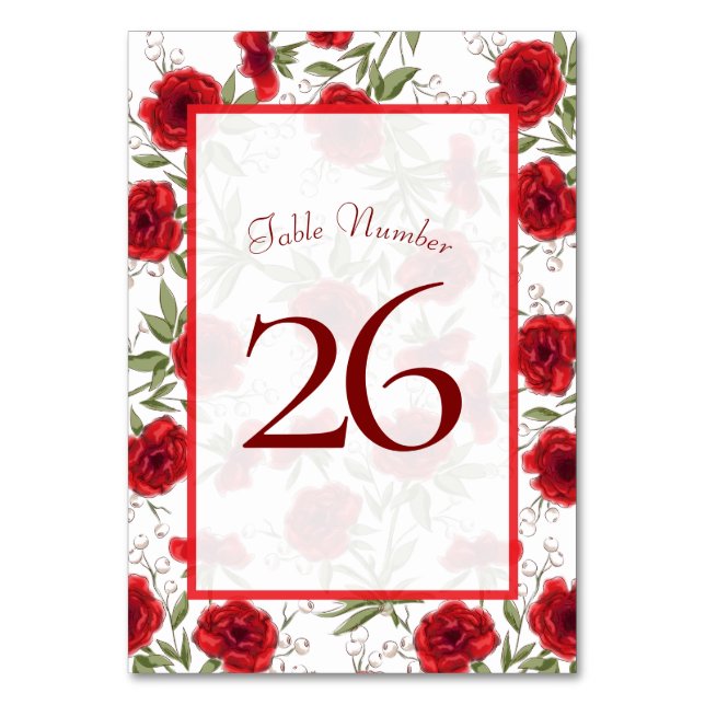 Red Rose Romantic Wedding Table Number (Back)