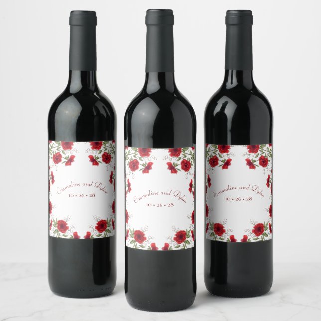Red Rose Romantic Wedding Wine Label (Bottles)