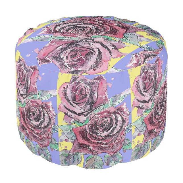 Red Rose Roses Blue Floral Flowers Pouffe Pouf (Angled Front)