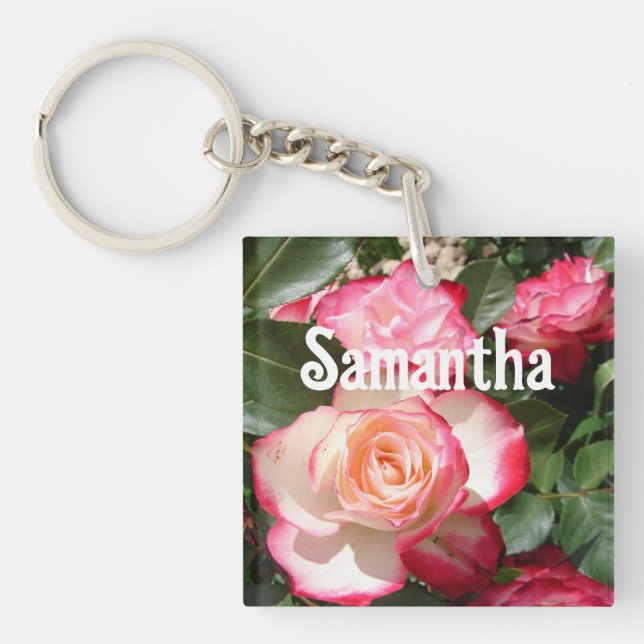 Red Rose Roses floral Photo Womens Birthday Party Keychain (Front)