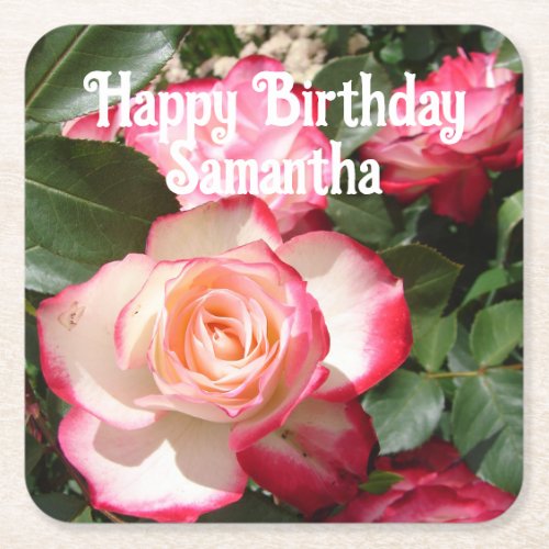 Red Rose Roses floral Photo Womens Birthday Party Square Paper Coaster