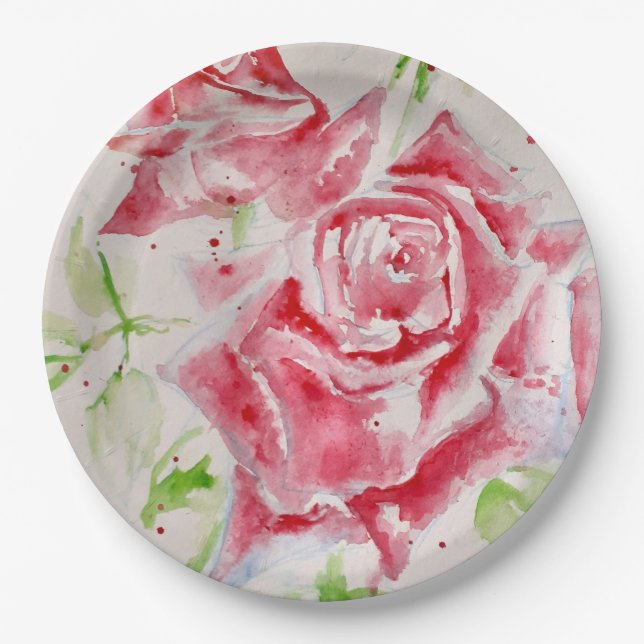 Red Rose Roses Flower Pattern Paper Party Plate (Front)
