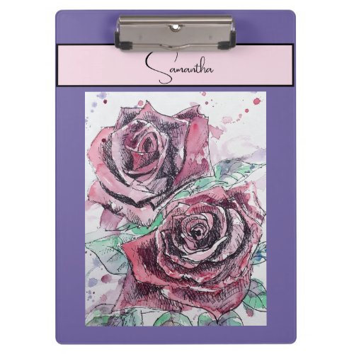 Red Rose Roses Flower Watercolor Floral Purple Art Clipboard