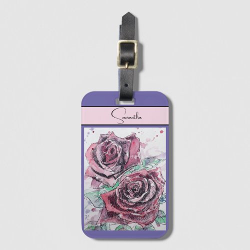 Red Rose Roses Flower Watercolor Floral Purple Art Luggage Tag