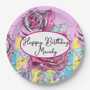 Red Rose Roses Pink flower Birthday Womens Paper Plates