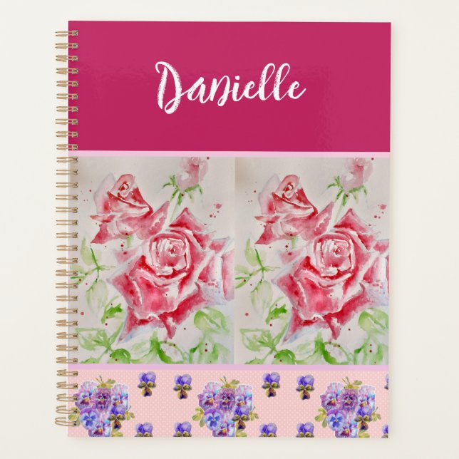 Red Rose Roses Watercolor Customizable Pink Shabby Planner (Front)