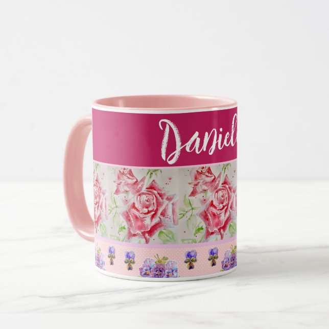 Red Rose Roses Watercolor Pink Shabby Chic Mug (Front Left)