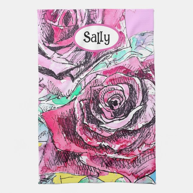 Red Rose Roses Watercolour Floral Flowers Flower Kitchen Towel (Vertical)