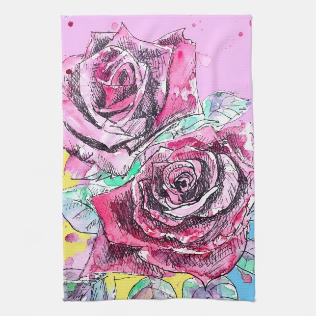 Red Rose Roses Watercolour Floral Flowers Flower Kitchen Towel (Vertical)
