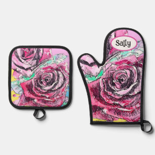 Red Rose Roses Watercolour Floral Flowers Flower Oven Mitt & Pot Holder Set