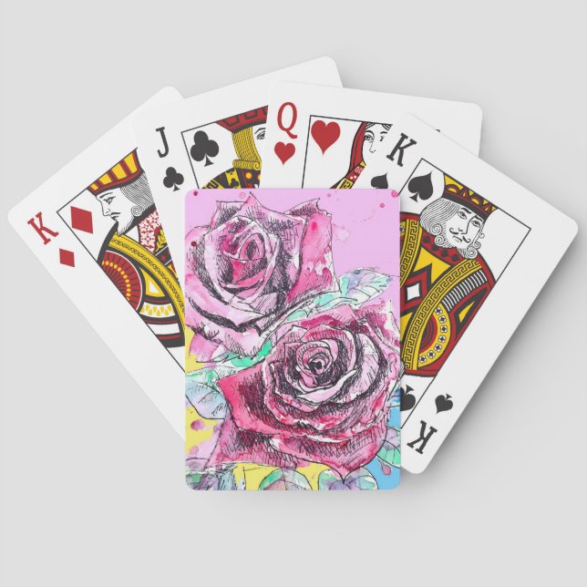 Red Rose Roses Watercolour Floral Flowers Flower Poker Cards (Back)