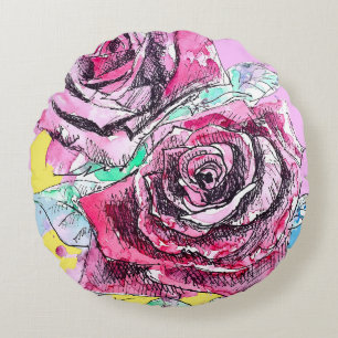 Red Rose Roses Watercolour Floral Flowers Flower Round Pillow