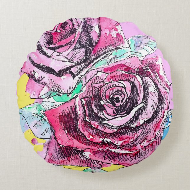 Red Rose Roses Watercolour Floral Flowers Flower Round Pillow (Front)