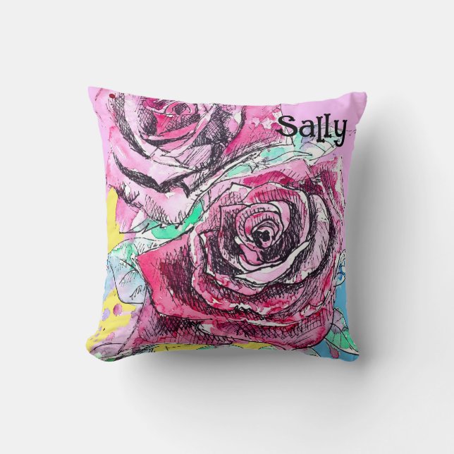 Red Rose Roses Watercolour Floral Flowers Flower Throw Pillow (Front)