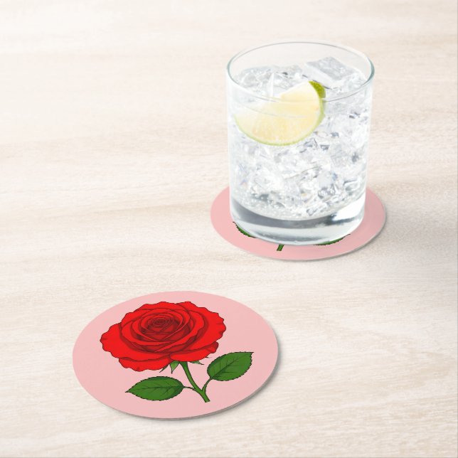 Red Rose Round Paper Coaster (Insitu)