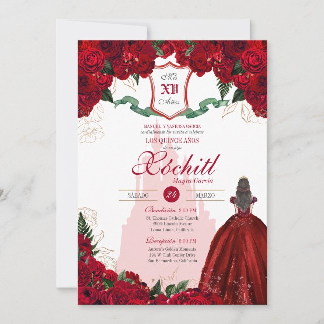 Red Rose Royal Princess Elegant Quinceanera  Invitation (Front)