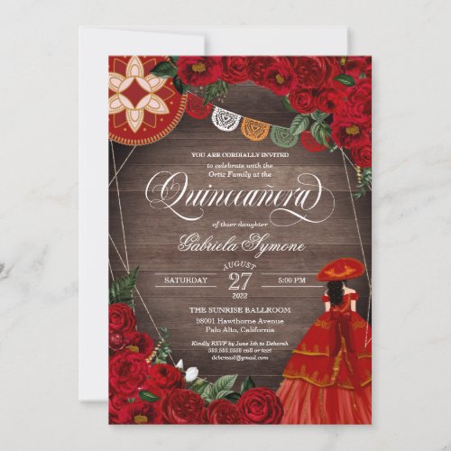Red Rose Rustic CharraMariachi Dress Quinceaera  Invitation