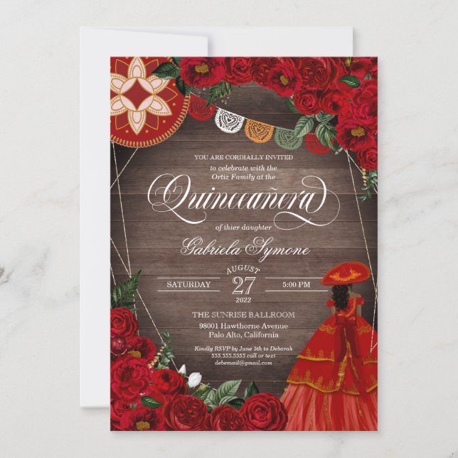 Red Rose Rustic Charra/Mariachi Dress Quinceañera  Invitation (Front)