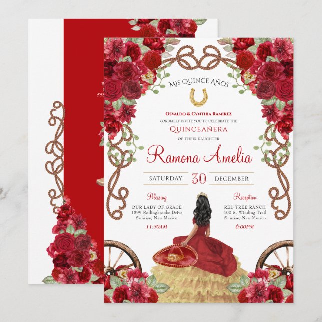 Red Rose Rustic Charro Western Quinceañera  Invitation (Front/Back)