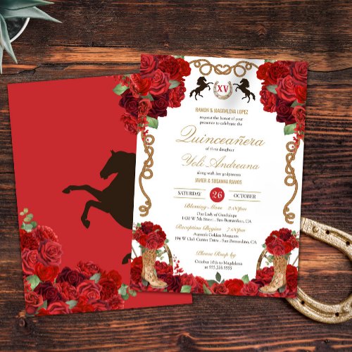 Red Rose Rustic Elegant Charro Quinceaera Invitation
