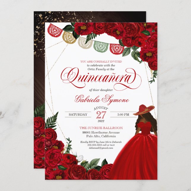 Red Rose Rustic Elegant Western Charra Quinceañera Invitation (Front/Back)