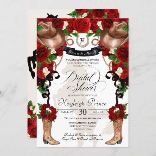 Red Rose Rustic Western Floral Boots Bridal Shower Invitation